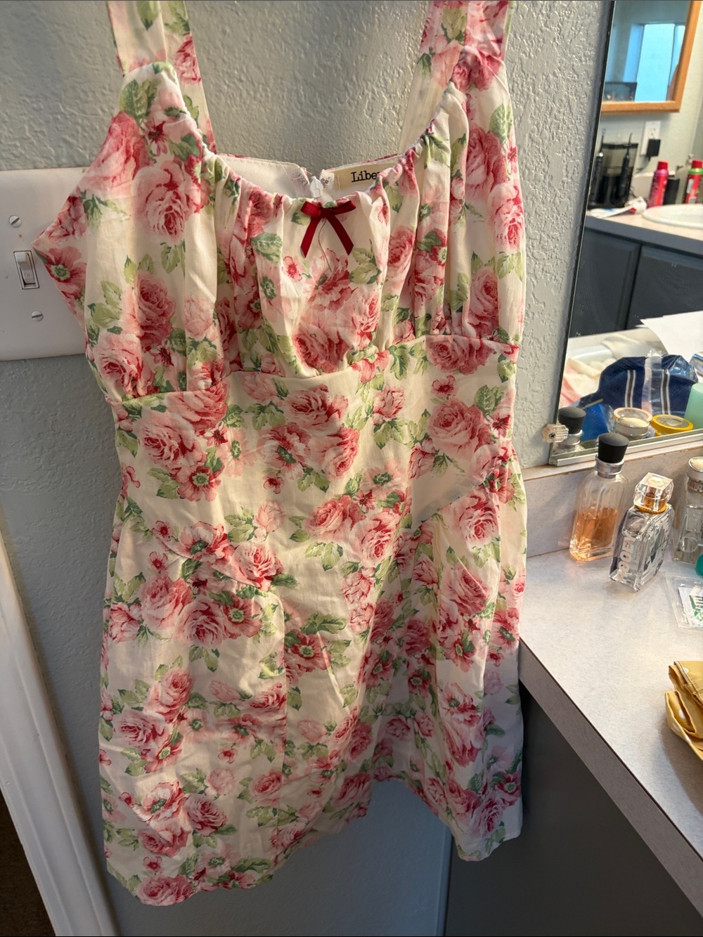 liberty Pink Rose Print Girls' Sundress with Green Leaves